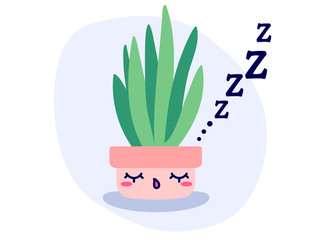 Kawaii cute vector potted sleeping plant in flat style. Can be used for greeting cards or posters or interior design elements, stickers, hygge illustrations or insomnia leaflets etc.