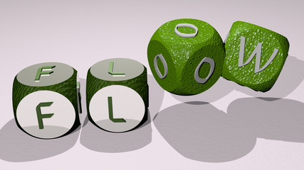 FLOW text by dancing dice letters - 3D illustration for background and abstract