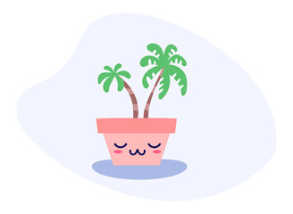 Kawaii cute vector potted sleeping plant in flat style and coral colors. Can be used for greeting cards or posters or interior design elements, stickers, hygge illustrations or insomnia leaflets etc.