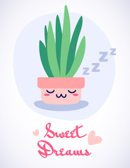 Sweet dreams cute greeting card with kawaii sleeping plant and ZZZ text in flat style.