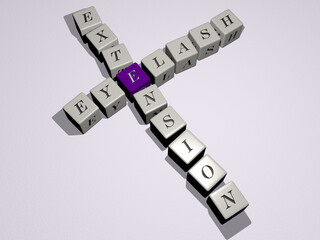 EYELASH EXTENSION crossword by cubic dice letters - 3D illustration for beauty and beautiful