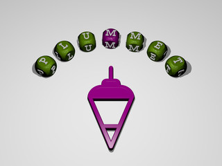 plummet icon surrounded by the text of individual letters - 3D illustration