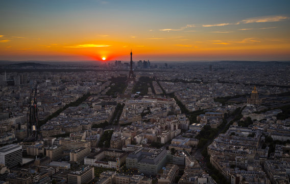 Aerial view of Eiffel Tower in Paris, France during sunset