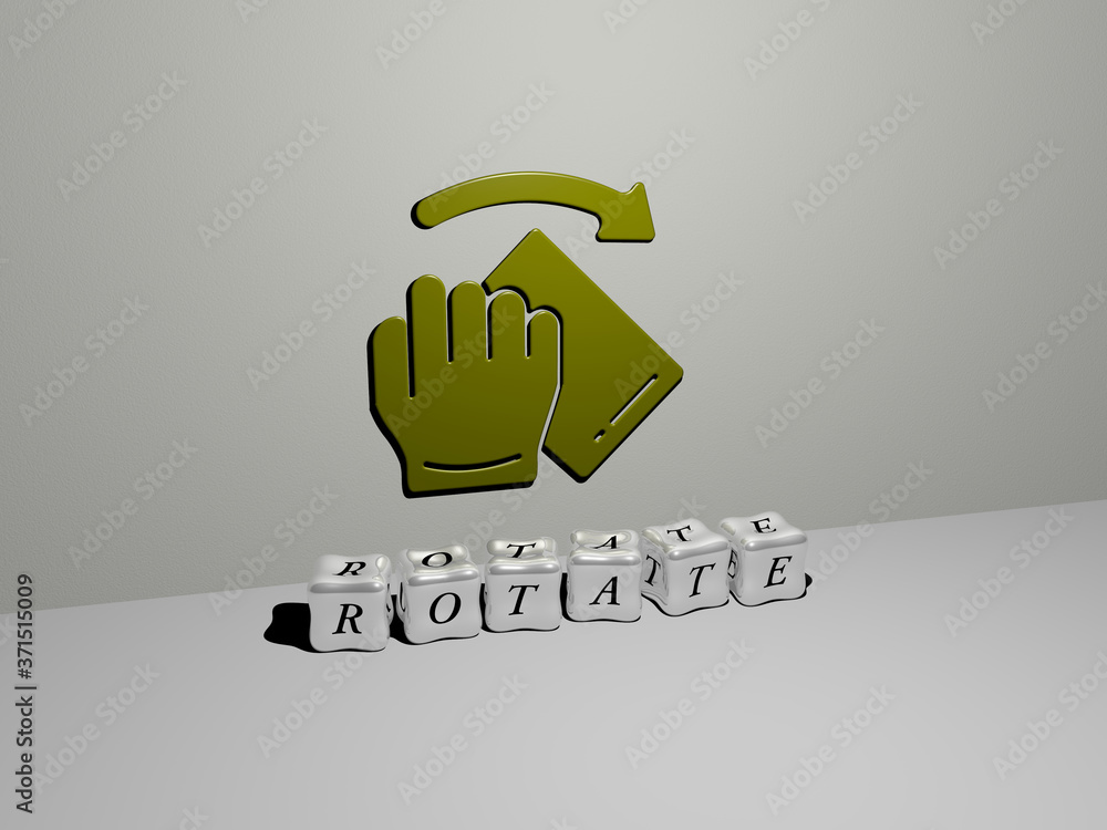 Poster rotate 3d icon on the wall and cubic letters on the floor - 3d illustration for background and arrow