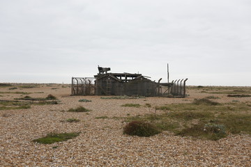 Fototapeta premium Abandoned building on the beach in Dungeness. 