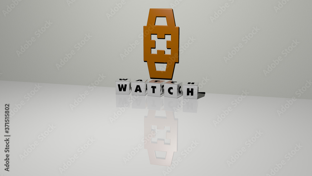 Poster watch text of cubic dice letters on the floor and 3d icon on the wall - 3d illustration for clock an