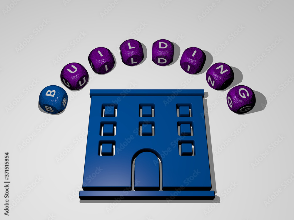 Poster building icon surrounded by the text of individual letters - 3d illustration for architecture and ci