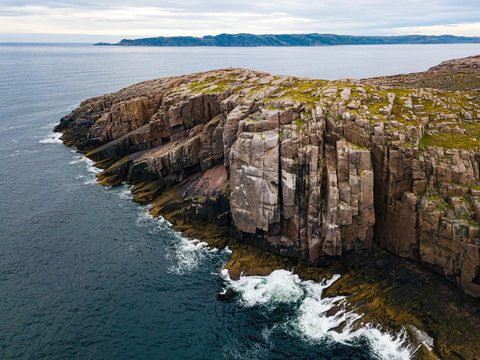 Russia, Murmansk Oblast, Teriberka, Aerial view of coastal cliffs of Barents Sea