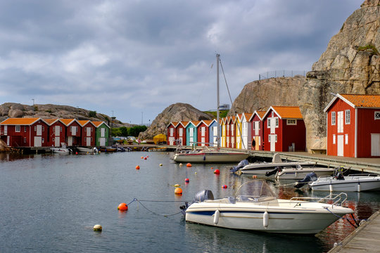 Sweden, Vastra Gotaland County, Smogen, Boats moored in marina