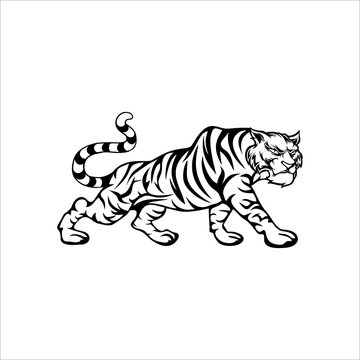 Logo tigre emblema modello mascotte simbolo per business o camicia design. Elemento di design vettoriale vintage, Artistico silhouette vettoriale tigre in salto. Idea creativa icona di animali selvati