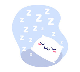 Kawaii cute vector sleeping cozy pillow in the night with ZZZ text in flat style. Can be used for greeting cards or posters or interior design, stickers, hygge illustrations or insomnia leaflets etc.