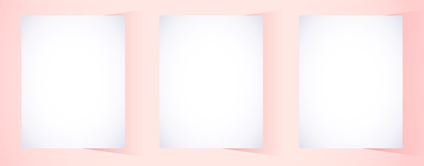 Obraz premium Cute girlish vector realistic postcard layout or mockup with blank white papers on pastel pink or coral background. Can be used as leaflet or posters as well.