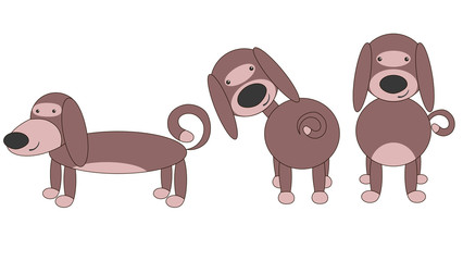 Set of animals - three dogs of the dachshund breed of brown color in a flat style. Drawing isolated on white background. Stock vector illustration.