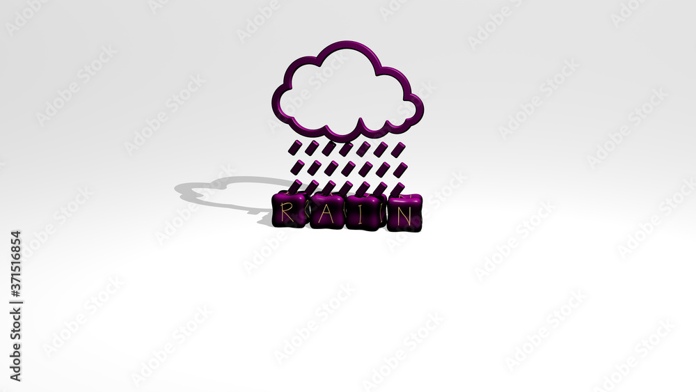 Aufkleber rain 3d icon object on text of cubic letters - 3d illustration for background and beautiful