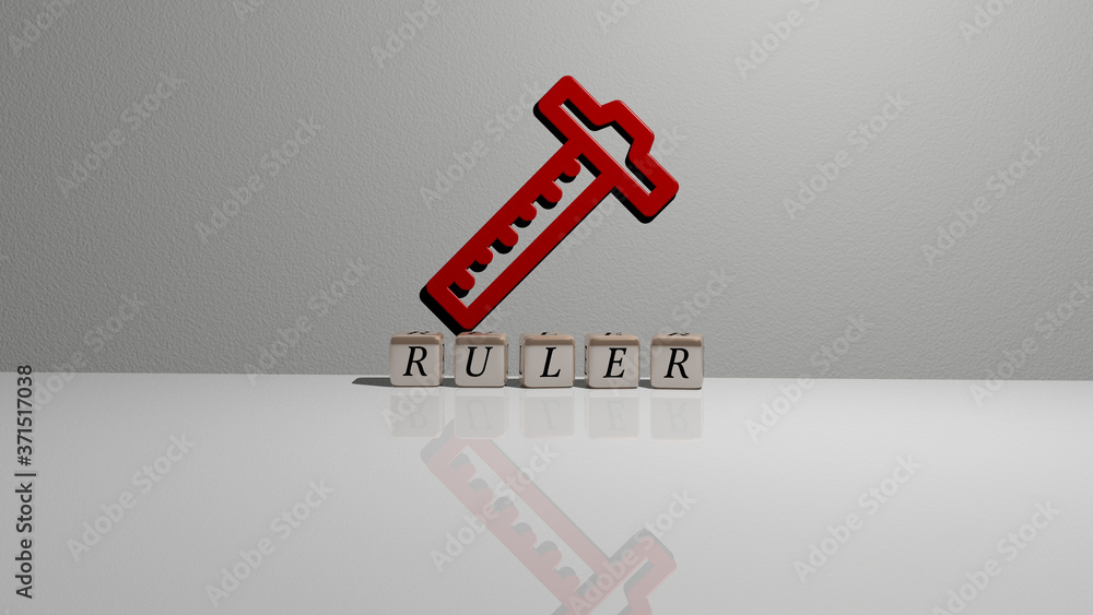 Aufkleber ruler text of cubic dice letters on the floor and 3d icon on the wall - 3d illustration for backgrou