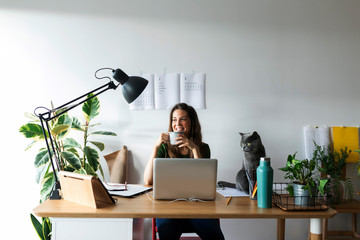 Smiling businesswoman with cat on desk having drink in home office