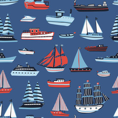 Water transport: boat, ship, yacht vector hand drawn doodle seamless pattern