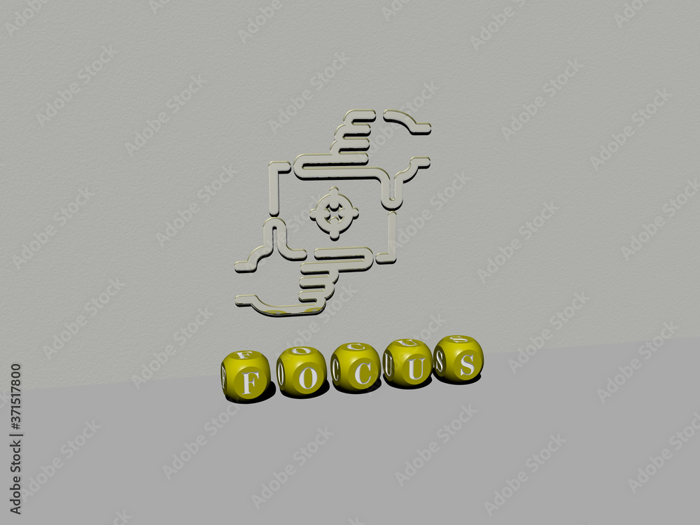 Poster 3d representation of focus with icon on the wall and text arranged by metallic cubic letters on a mi