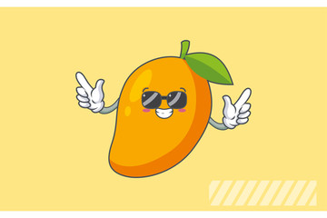 RELAXED, GLASSES, COOL Face Emotion. Double Forefinger Handgun Hand Gesture. Yellow Mango Fruit Cartoon Drawing Mascot Illustration.