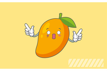 SPACED OUT, SURPRISED, SHOCKED Face Emotion. Double Forefinger Handgun Hand Gesture. Yellow Mango Fruit Cartoon Drawing Mascot Illustration.