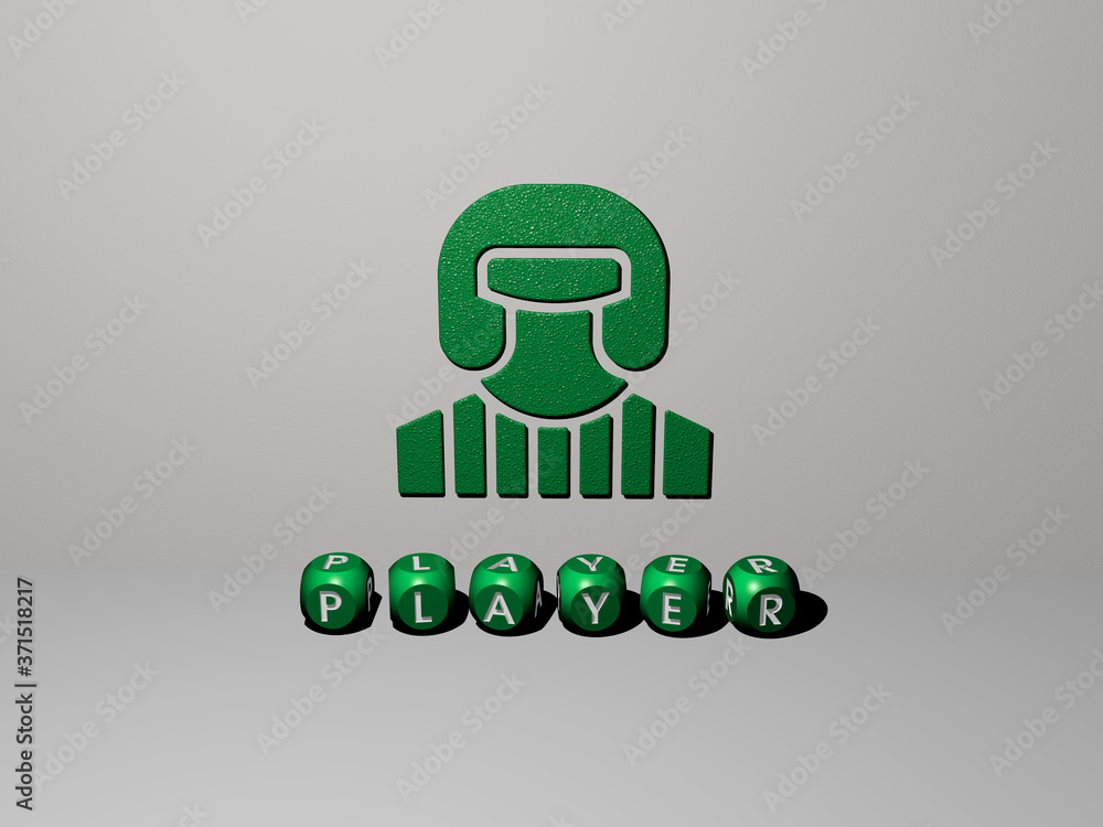 Poster 3d illustration of player graphics and text made by metallic dice letters for the related meanings o