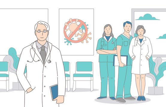 Doctors, nurses, and medical workers standing together in the hospital vector cartoon outline illustration. Smiling men and women in uniform working in clinic after pandemic of Coronavirus Covid-19.
