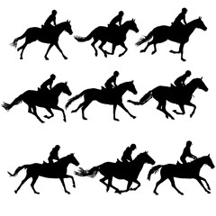 Set silhouette of horse and jockey on white background