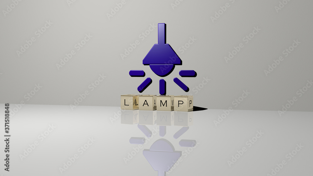 Poster lamp text of cubic dice letters on the floor and 3d icon on the wall - 3d illustration for backgroun