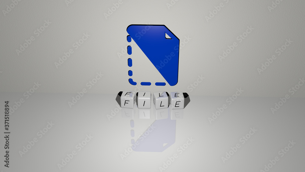 Aufkleber file text of cubic dice letters on the floor and 3d icon on the wall - 3d illustration for backgroun