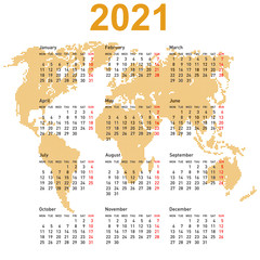 Calendar 2021 with world map. Week starts on Monday