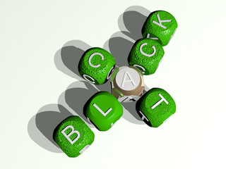 black cat crossword of curved text made of individual letters - 3D illustration for background and abstract