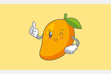 WINK, SMILING, cheerful, Smiling Face Emotion. Forefinger Hand Gesture. Yellow Mango Fruit Cartoon Drawing Mascot Illustration.