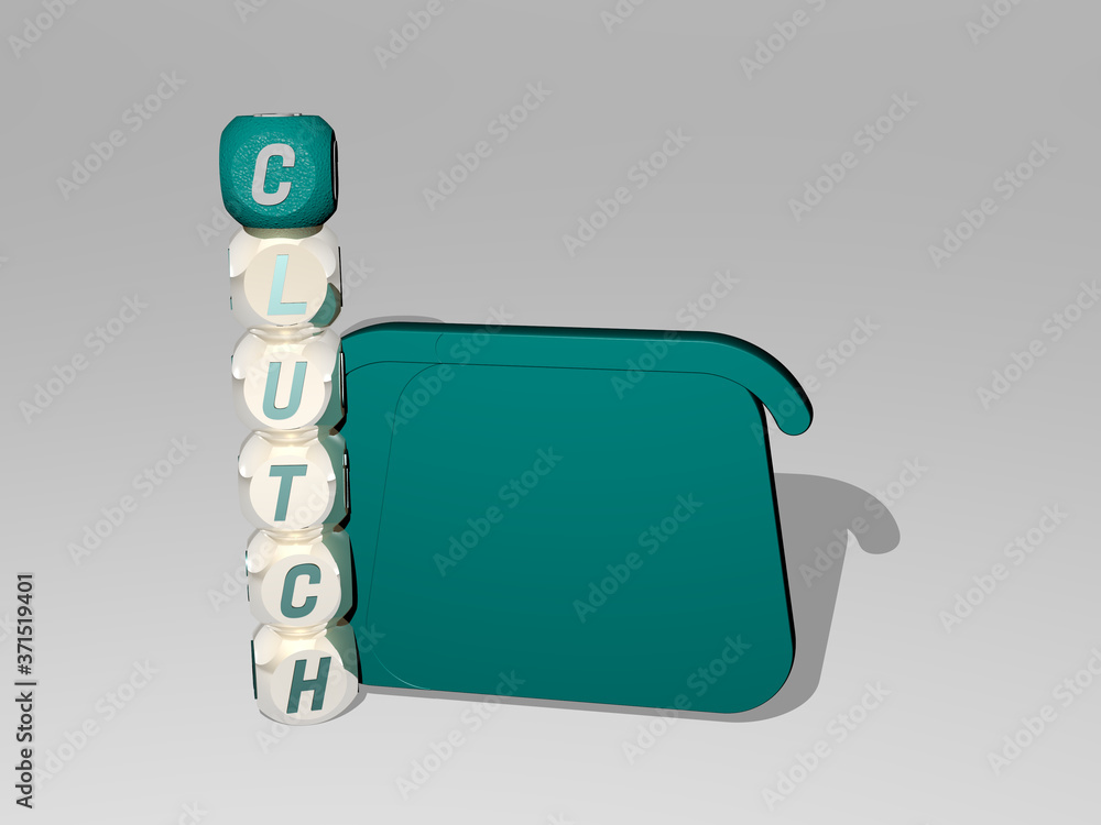Poster 3d graphical image of clutch vertically along with text built around the icon by metallic cubic lett