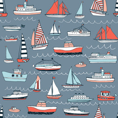 Water transport: boat, ship, yacht vector hand drawn doodle seamless pattern