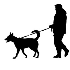 Silhouette of man and dog on a white background