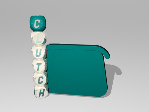 3D graphical image of clutch vertically along with text built around the icon by metallic cubic letters from the top perspective. excellent for the concept presentation and slideshows for