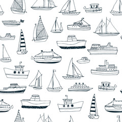 Water transport: boat, ship, yacht vector hand drawn doodle seamless line pattern