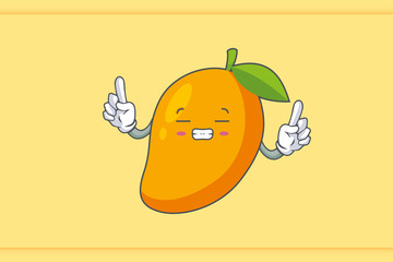 FRUSTRATED, GRIN SMILE, NERVOUS Face Emotion. Double Forefinger Hand Gesture. Yellow Mango Fruit Cartoon Drawing Mascot Illustration.