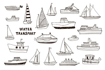 Water transport: boat, ship, yacht vector hand drawn doodle line illustrations set