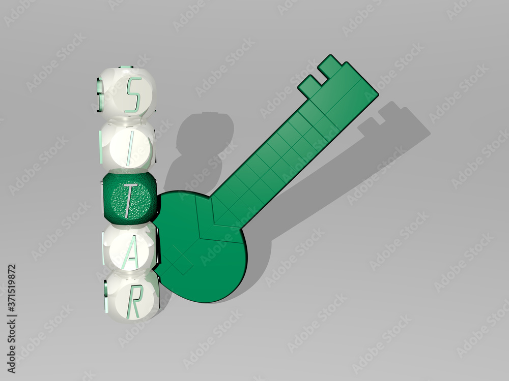 Poster 3d representation of sitar with icon on the wall and text arranged by metallic cubic letters on a mi