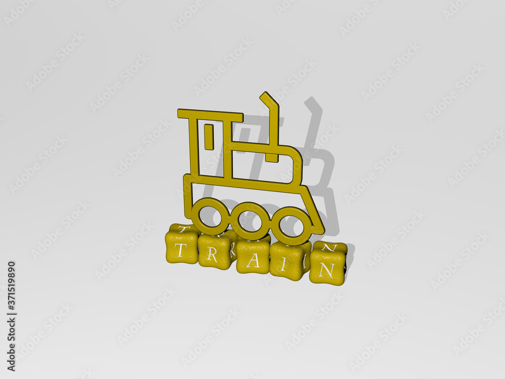 Poster train 3d icon on cubic text - 3d illustration for station and editorial