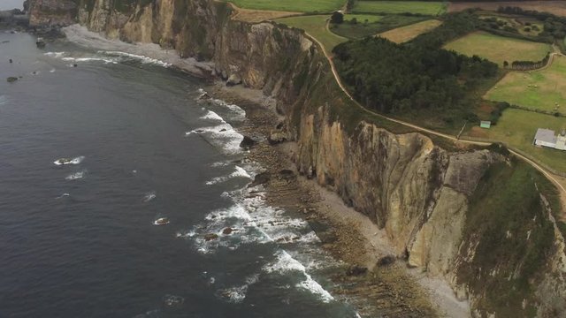 Aerial view of amazing cliffs  in Asturias,Spain Busto Cape. Drone Footage