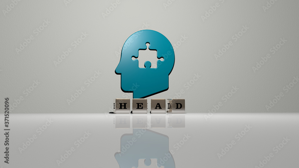 Poster head text of cubic dice letters on the floor and 3d icon on the wall - 3d illustration for backgroun