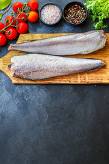 hake raw fish cut seafood ingredient serving size natural product portion  top view place for text copy space keto or paleo diet raw pescetarian