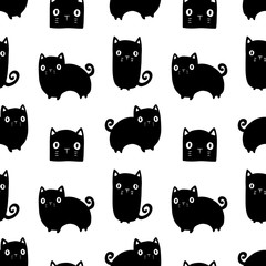 Halloween black and white pattern with black cats on white background. Hand drawn black cats in doodle style. Halloween decoration for designs of postcards, textile.