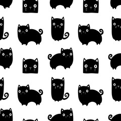 Halloween black and white pattern with black cats on white background. Hand drawn black cats in doodle style. Halloween decoration for designs of postcards, textile.