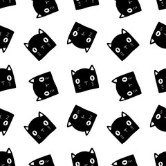 Halloween black and white pattern with cat heads on white background. Drawn by hand vector doodle black cats. Good for halloween gloomy decorations.