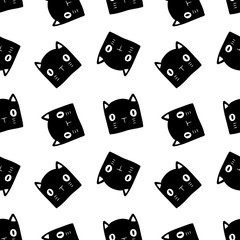 Halloween black and white pattern with cat heads on white background. Drawn by hand vector doodle black cats. Good for halloween gloomy decorations.