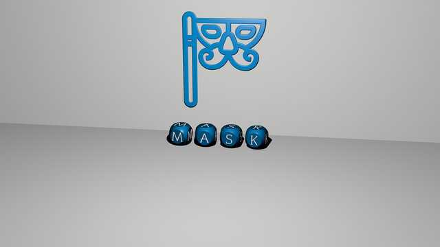 MASK 3D icon on the wall and text of cubic alphabets on the floor - 3D illustration for background and face