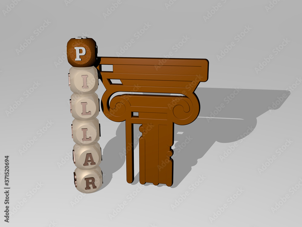 Poster 3d graphical image of pillar vertically along with text built around the icon by metallic cubic lett